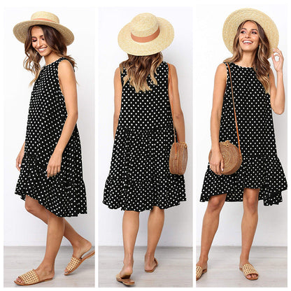 Damen A-Linien Kleid Rüschensaum Punkte Sommerlich