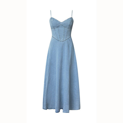 Damen Maxikleid Denim Spaghettiträger Elegant