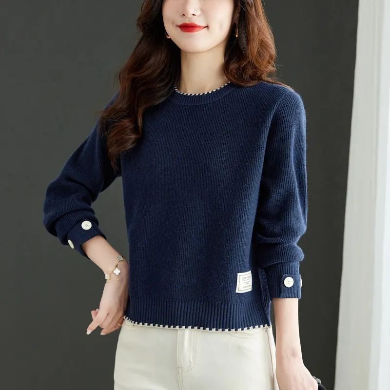 Damen Strickpullover Feine Ribstruktur Modische Knöpfe Norvielle
