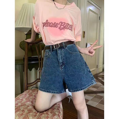 Damen Denim Shorts Hohe Taschen Lockere Passform - Norvielle