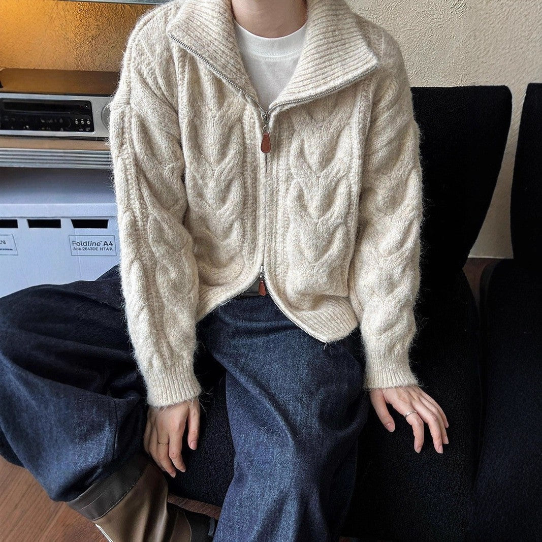 Damen Grobstrickjacke Stehkragen Zopfmuster dunkelblau