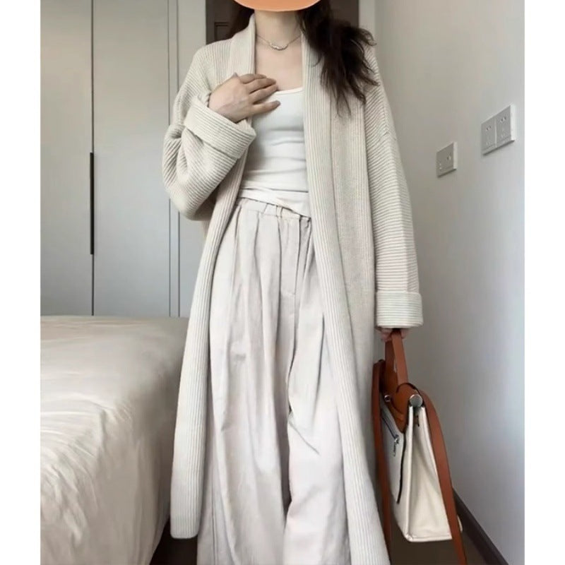 Damen Strickmantel Lang Ärmig Weich Beige - Norvielle