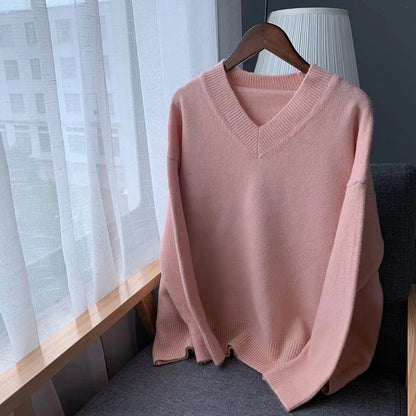 Damen V-Ausschnitt Pullover Grobgestrickt Oversized Ärmel Beige