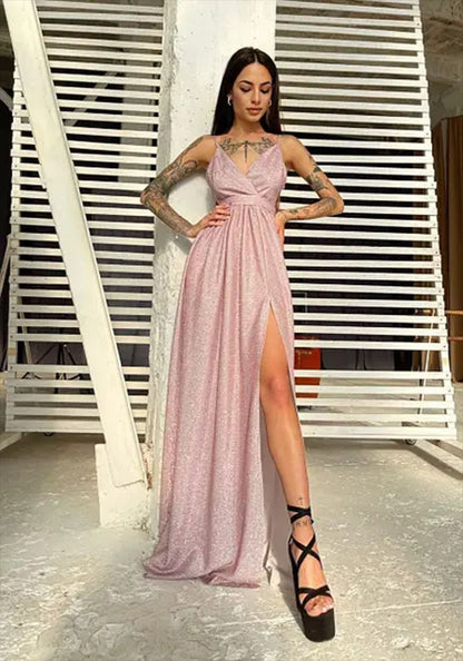 Damen Maxikleid Glitzer Effektdesign Tiefes Dekolleté