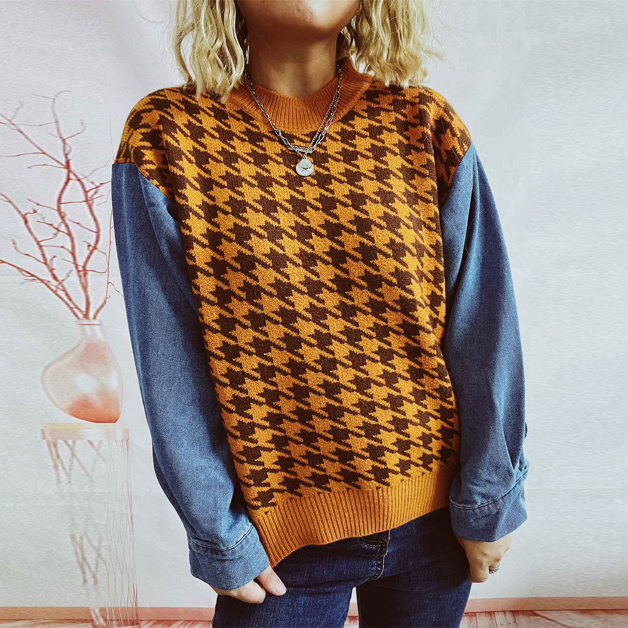 Damen Pullover Hahnentrittmuster Denim Ärmel