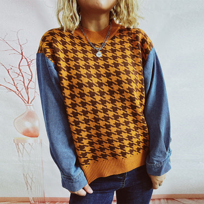 Damen Pullover Hahnentrittmuster Denim Ärmel