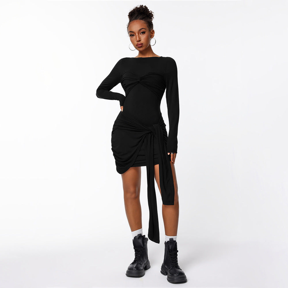 Damen Wickelkleid Länge Knie Ärmellänge Lang Seidenlook Schwarz - Norvielle