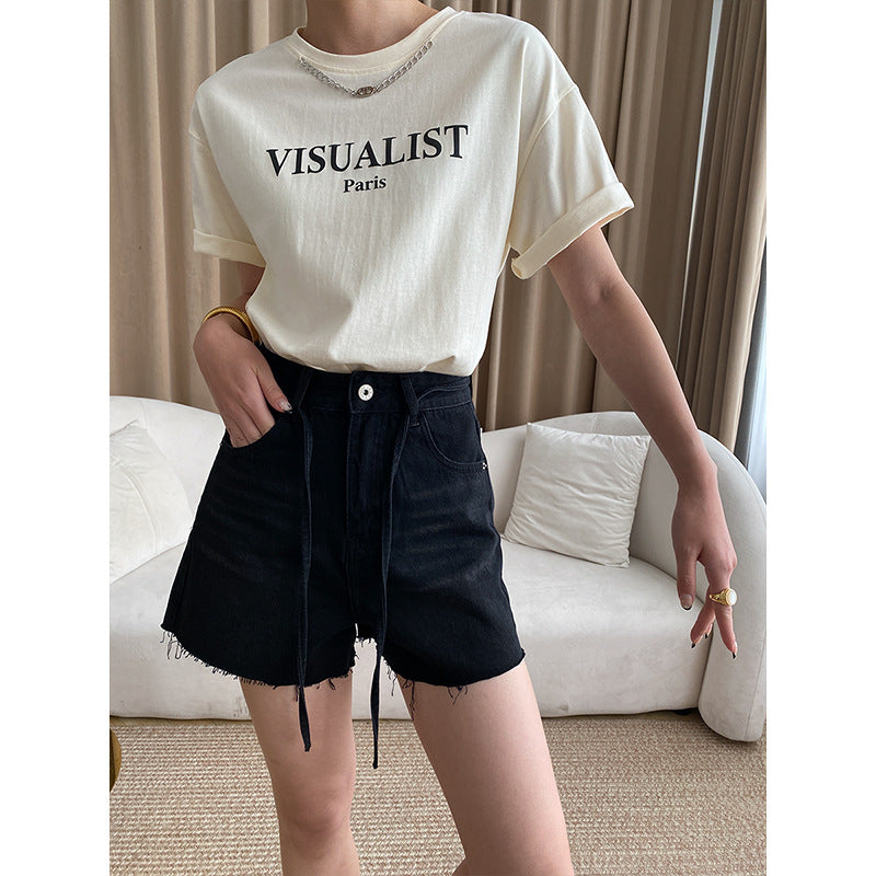 Damen Hochtaillen Jeansshorts Dekoratives Schnürdetail Französer Saum