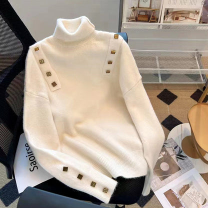 Damen Rollkragenpullover Dekorative Knöpfe Norvielle