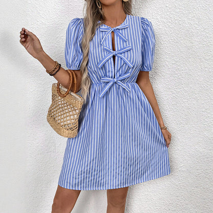 Damen Mini-Kleid Woven Puffärmel Geflochtene Details Norvielle
