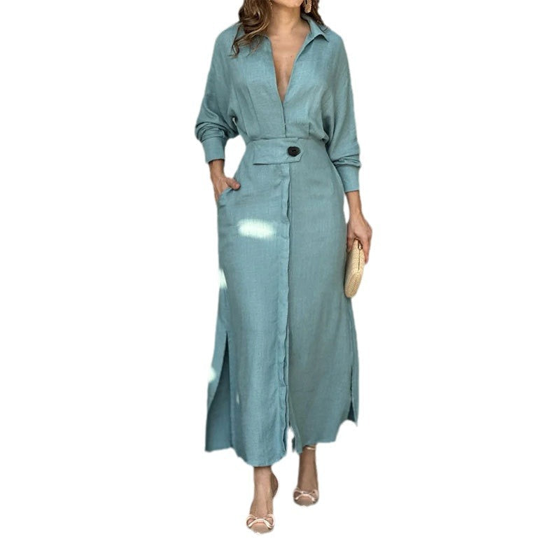 Damen Maxikleid V-Ausschnitt Gürtel Elegantes Kleid