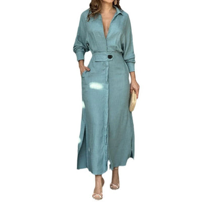Damen Maxikleid V-Ausschnitt Gürtel Elegantes Kleid