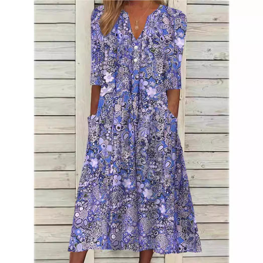 Damen Blumenkleid Midi mit Taschen - Norvielle