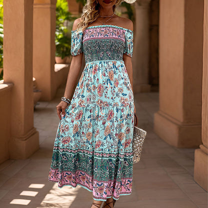 Damen Maxikleid Off-Shoulder mit floralen Mustern und elastischem