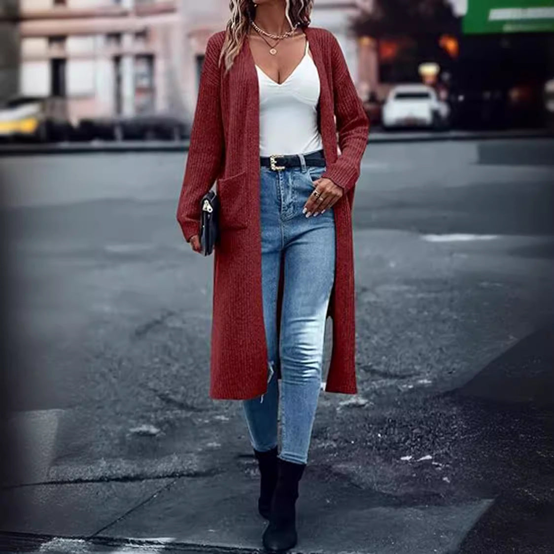 Damen Grobstrick-Cardigan Offene Taschen Lässiger Schnitt Norvielle