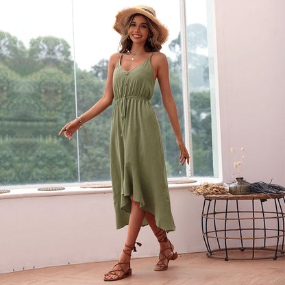 Damen Maxikleid Schwingender Volant Knöpfe Norvielle