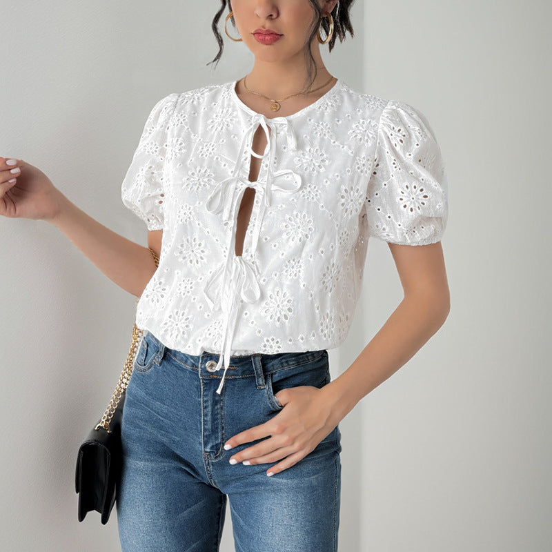 Damen Bluse Puffärmel Blumenmuster Kordelzug Norvielle