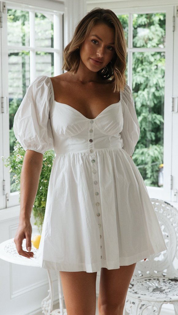 Damen Sommerkleid Puffärmel Knopfleiste Norvielle