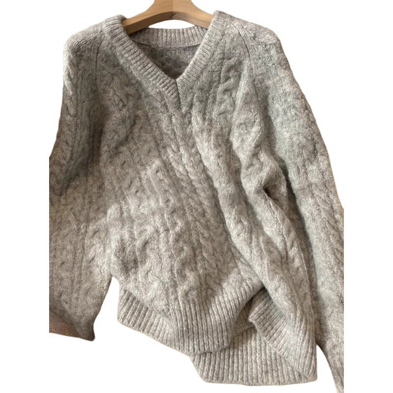 Damen Pullover Grobstrick V-Ausschnitt Zopfmuster Norvielle