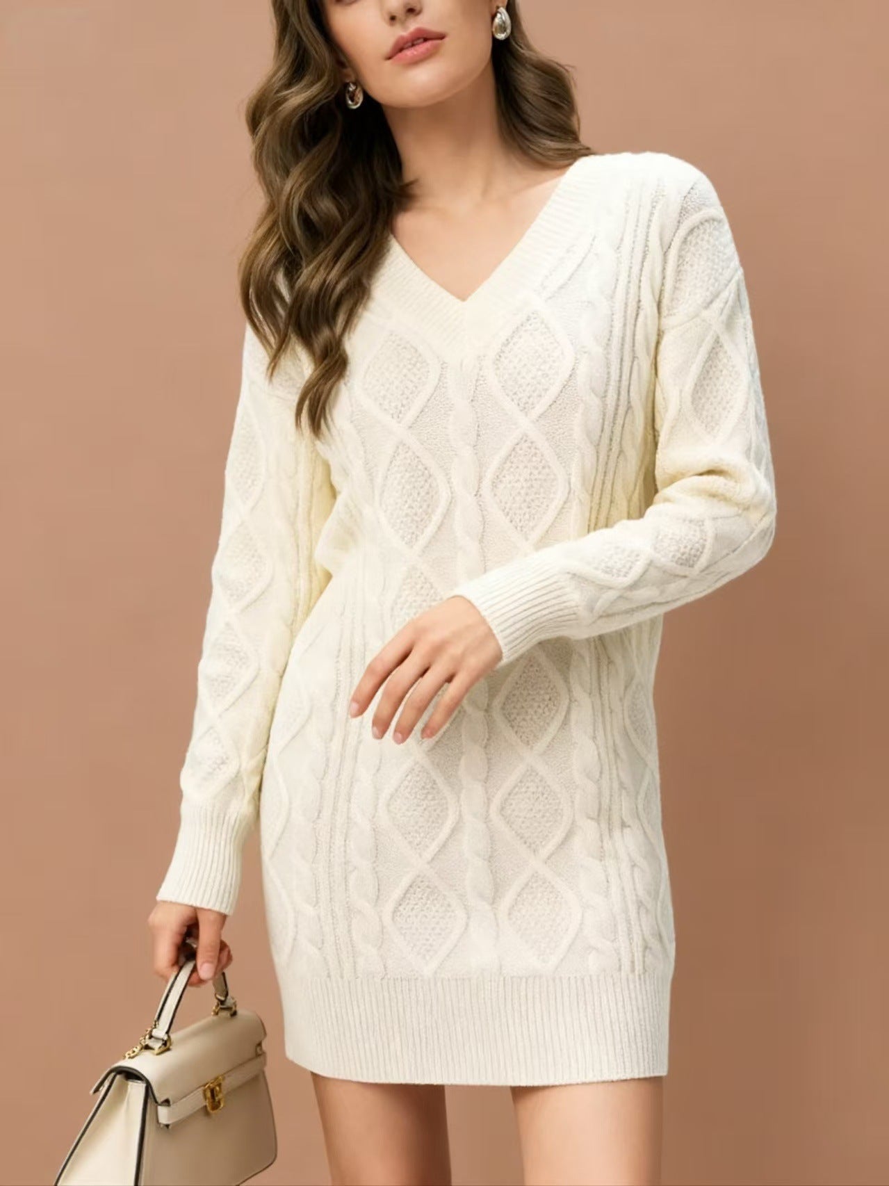 Damen Strickkleid V-Ausschnitt Strukturiert