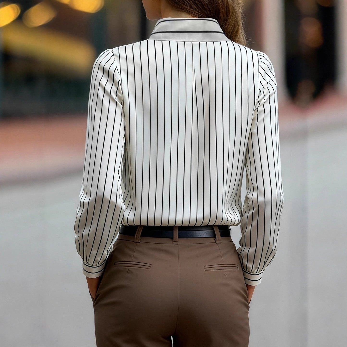 Damen Bluse Gestreift Klassischer Kragen Puffärmel Norvielle