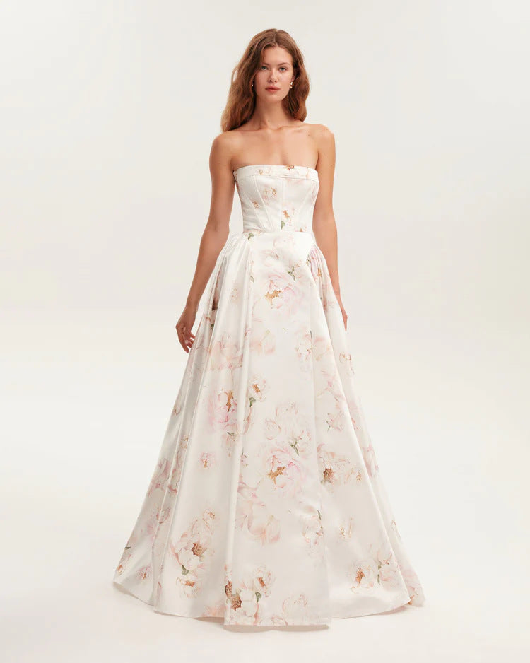 Damen Maxikleid Blütenmuster Schulterfrei Norvielle