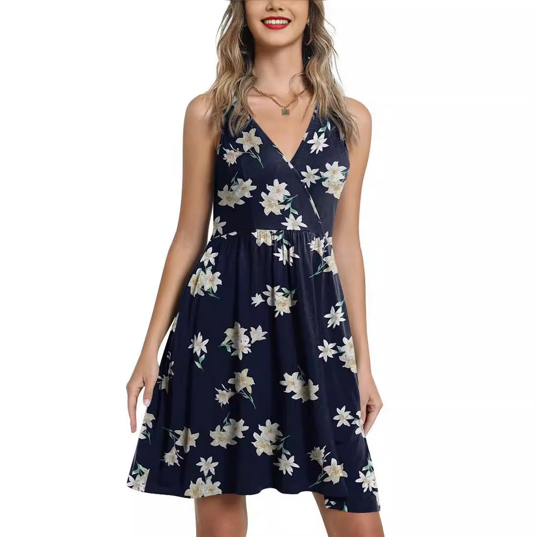 Damen Blumenkleid A-Linie V-Ausschnitt Norvielle