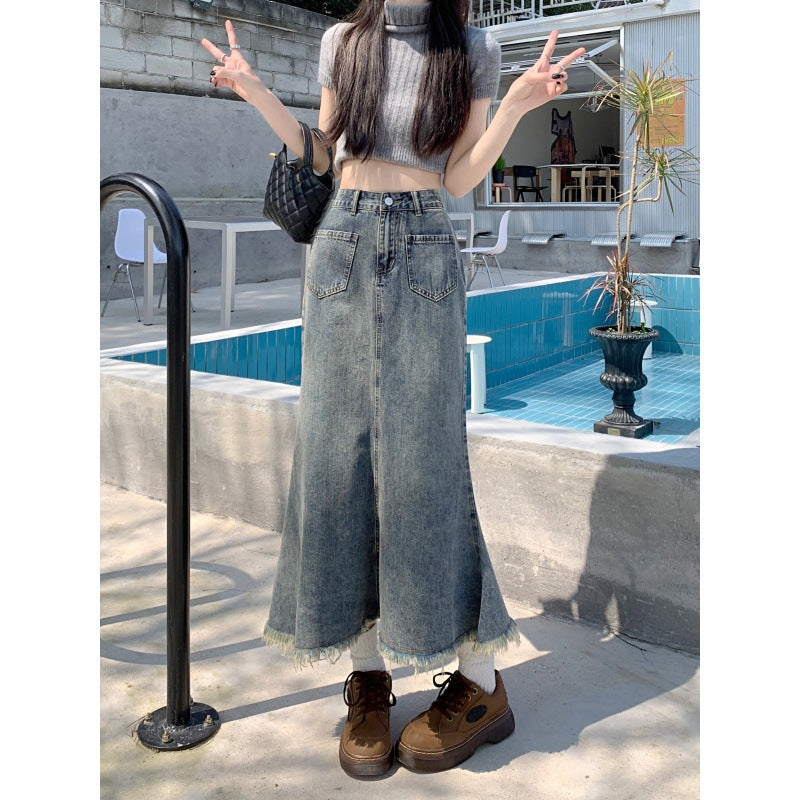Damen Jeansrock Lang Fransiger Saum Norvielle