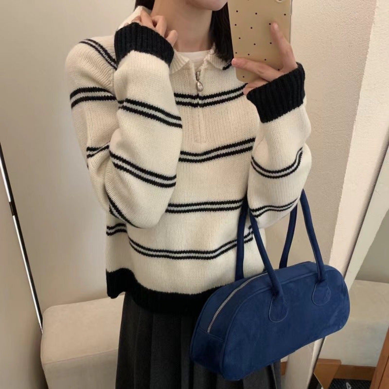 Damen Strickpullover Halbreißverschluss Gestreift Norvielle