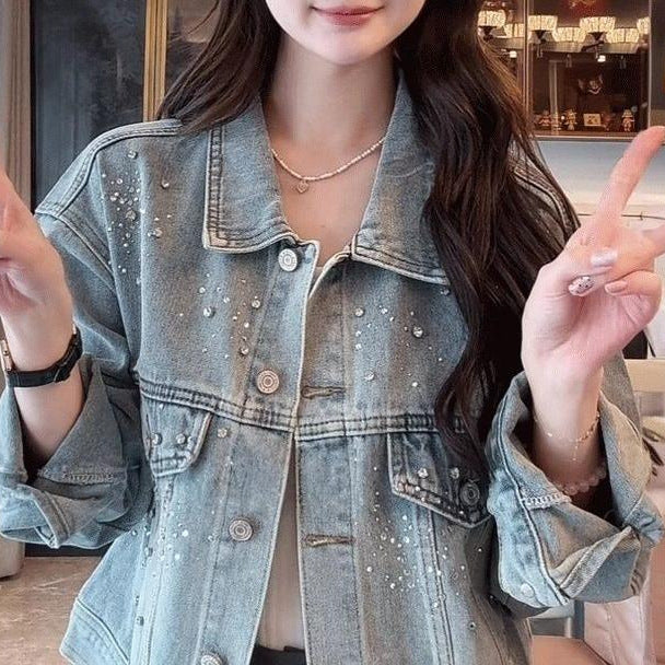 Damen Denimjacke Dekorative Perlen Norvielle
