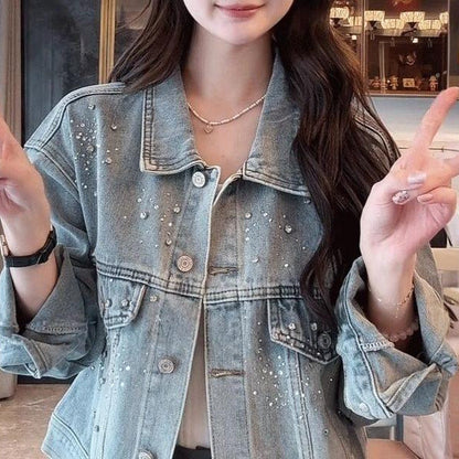 Damen Denimjacke Dekorative Perlen Norvielle