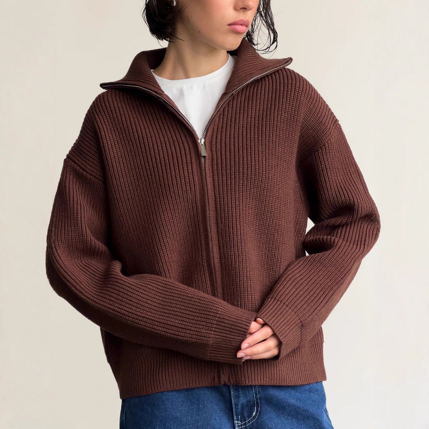 Damen Grobstrickpullover Norvielle Hochkragen Reißverschluss Beige - Norvielle