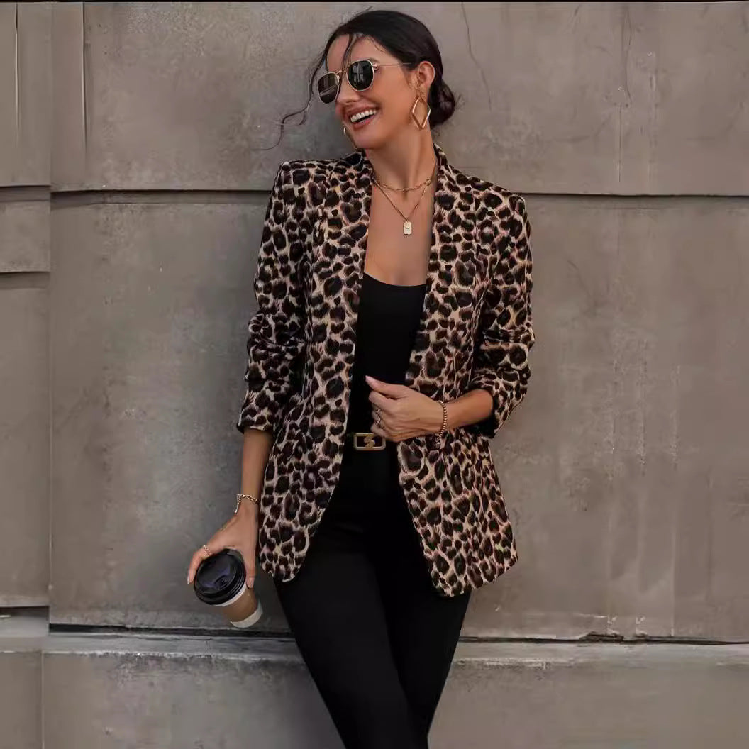 Damen Blazer Animal-Print mit Revers und Taschen - Norvielle