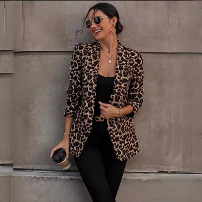 Damen Blazer Animal-Print mit Revers und Taschen - Norvielle