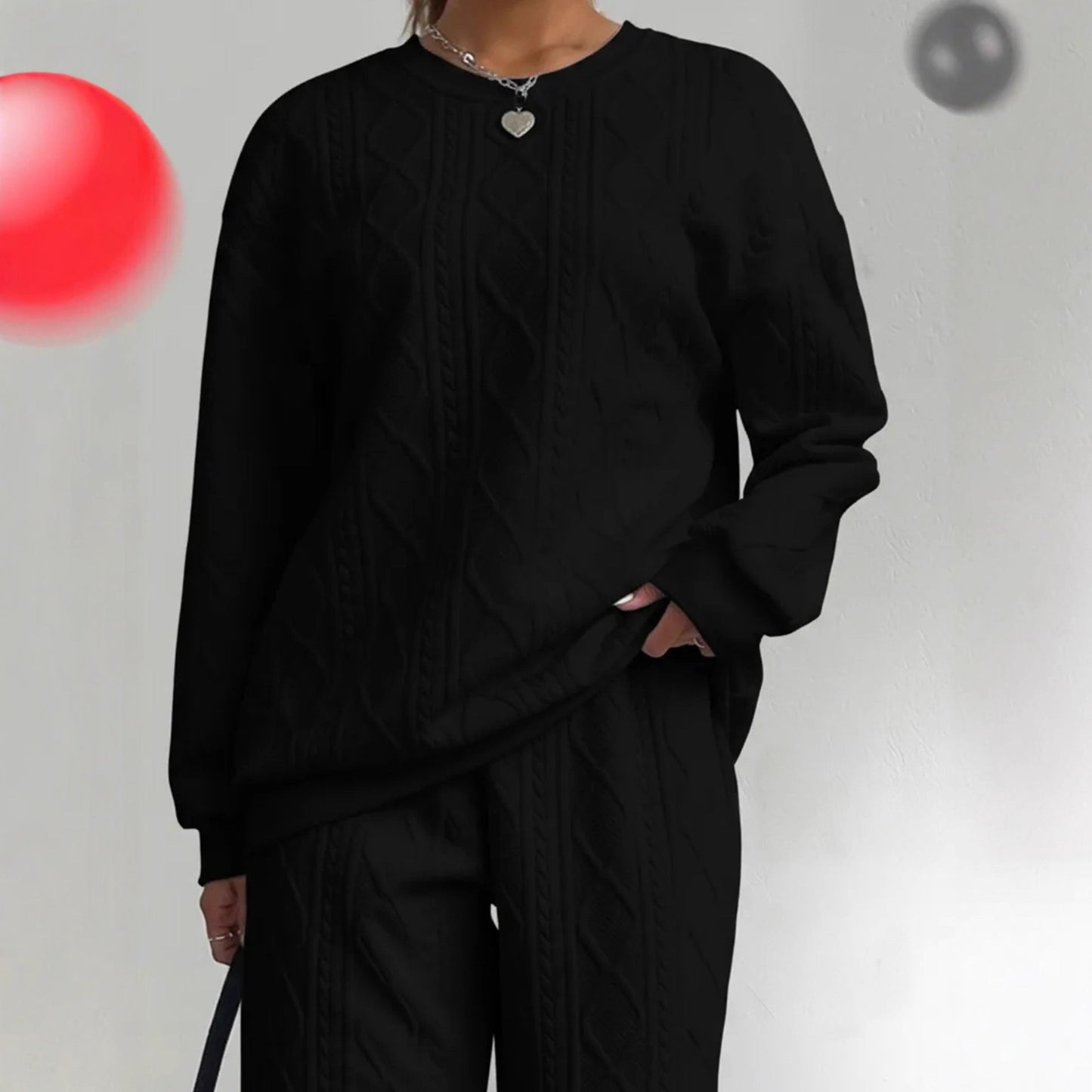 Damen Strick-Loungewear-Set mit Zopfmuster Weit Schnitt