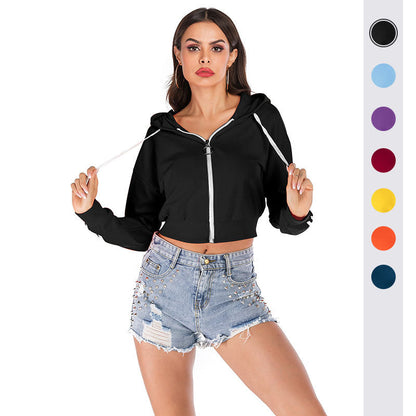 Damen Cropped Kapuzenpullover Hochwertiger Stoff Streifen Schwarz - Norvielle
