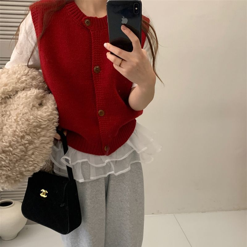 Damen Strickweste Knopfverschluss Moderner Schnitt Beige