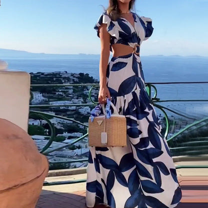 Damen Maxikleid mit Wellenärmeln Elastischer Taillengürtel