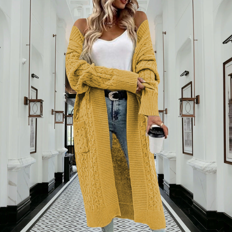 Damen Grobstrick Cardigan Offenes Design Mit Taschen Beige