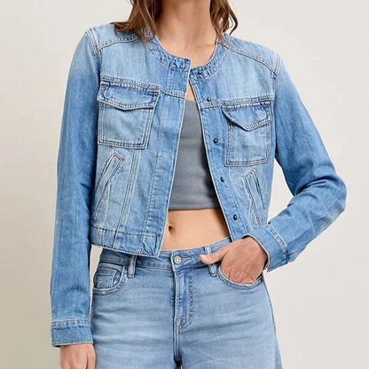 Damen Jeansjacke Cropped Schnitt mit Taschen