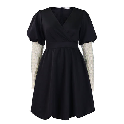 Damen Wickelkleid Puffärmel Netzoberarm Norvielle