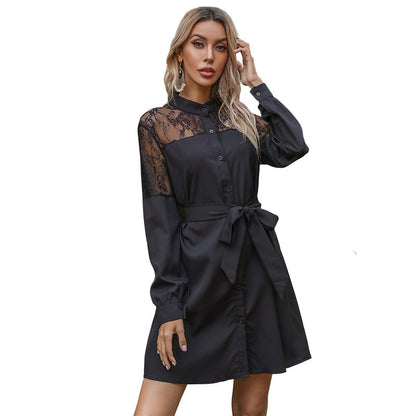 Damen Hemdblusenkleid Spitzenärmel Taillengürtel Norvielle