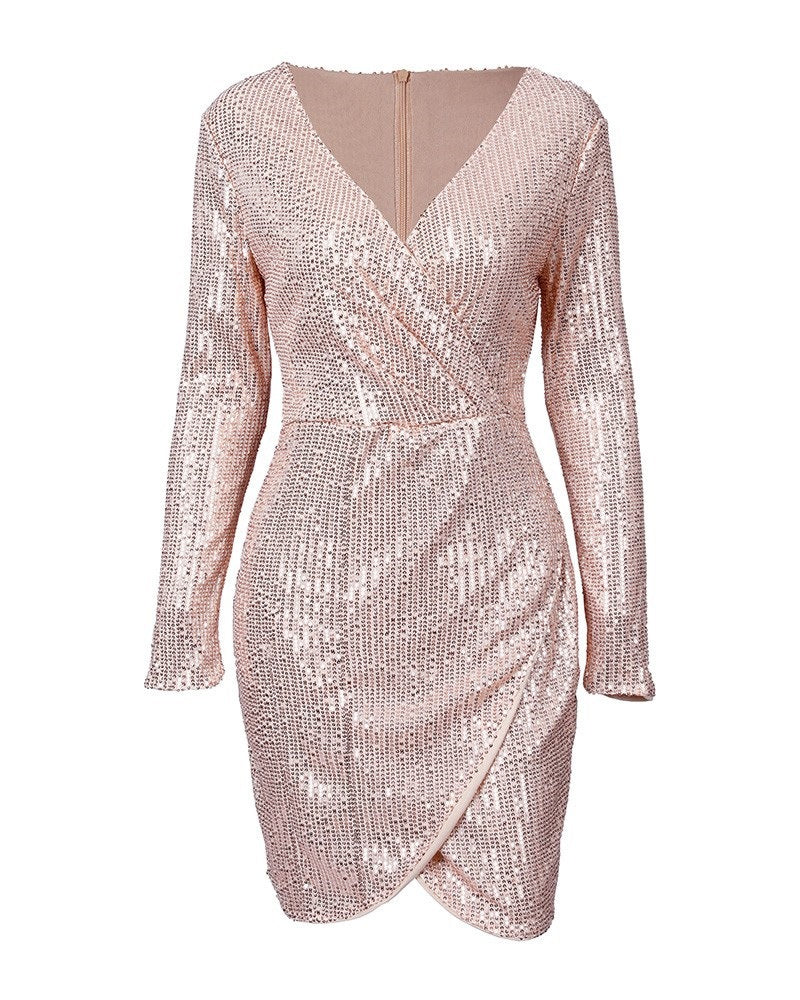 Damen Pailletten-Shiftkleid V-Ausschnitt Länge Knie Damenkleid