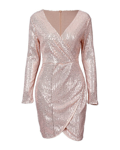 Damen Pailletten-Shiftkleid V-Ausschnitt Länge Knie Damenkleid