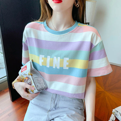 Damen T-Shirt Bunt Streifenmuster Baumwolle