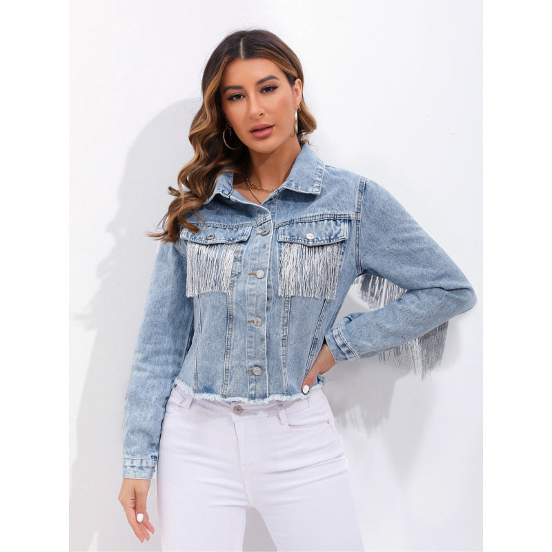 Damen Jeansjacke Fransenverzierung Blau - Norvielle