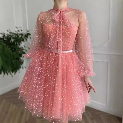 Damen Tüllkleid mit Puffärmeln und Schleifen Schwarz - Norvielle