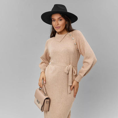 Damen Strickkleid mit Gürtel und Knöpfen - Norvielle