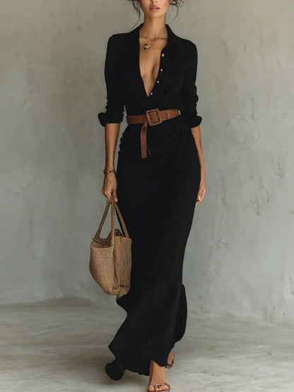Damen Maxikleid Klassischer Hemdkragen Seiten-Schärpe Norvielle