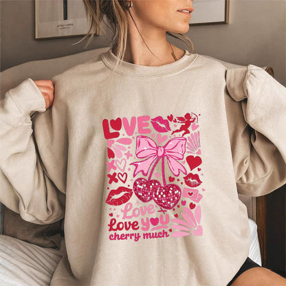 Damen Sweatshirt Voluminöse Ärmel Kirschmotiv Grün